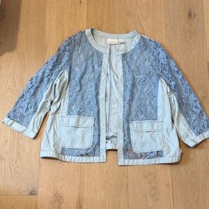 Chico's Light Blue Lace-Panel Open Front Women’s 3/4 Sleeve Blazer size 2